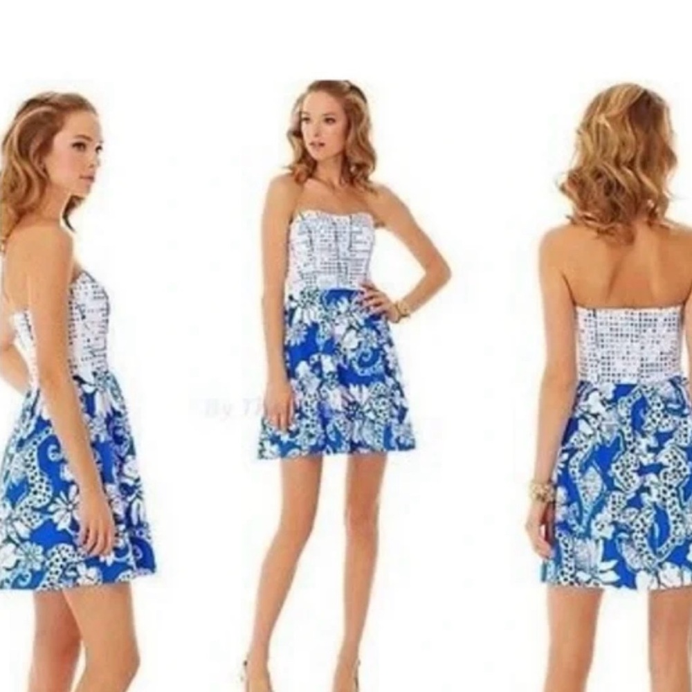 Lilly Pulitzer Blue and White Floral Strapless Dress